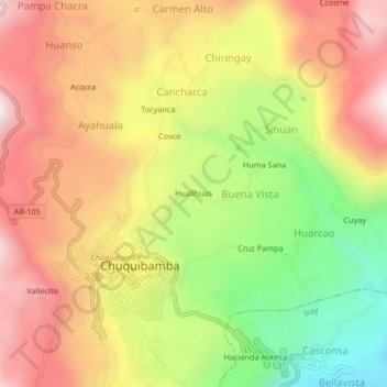 Mappa topografica Huallhuas, altitudine, rilievo