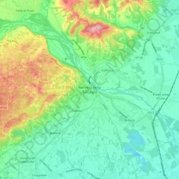 Mappa topografica Nervesa della Battaglia, altitudine, rilievo