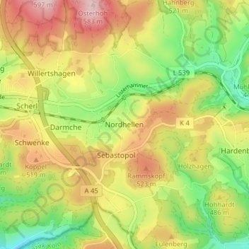 Mappa topografica Nordhellen, altitudine, rilievo