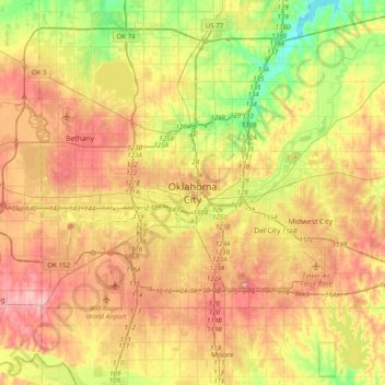 Mappa topografica Oklahoma City, altitudine, rilievo