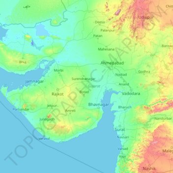 Mappa topografica Gujarat, altitudine, rilievo