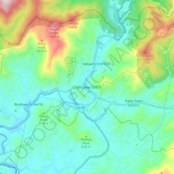 Mappa topografica Cherokee, altitudine, rilievo
