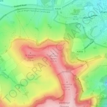 Mappa topografica Shanklin Down, altitudine, rilievo