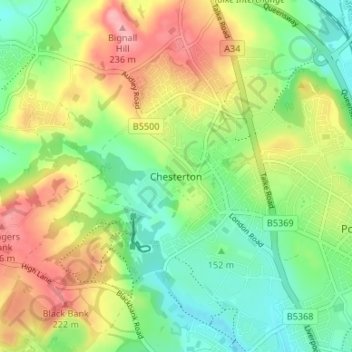 Mappa topografica Chesterton, altitudine, rilievo
