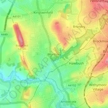 Mappa topografica Wordsley, altitudine, rilievo