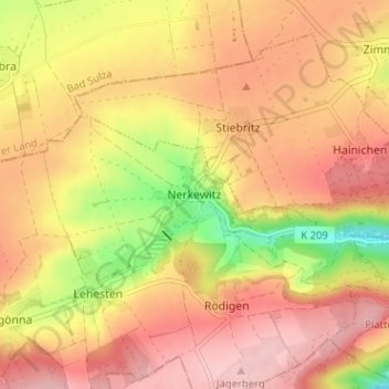Mappa topografica Nerkewitz, altitudine, rilievo