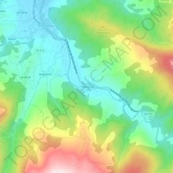 Mappa topografica Trebuesto, altitudine, rilievo