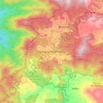 Mappa topografica Cameron Highlands, altitudine, rilievo