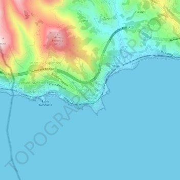 Mappa topografica Mortola Inferiore, altitudine, rilievo