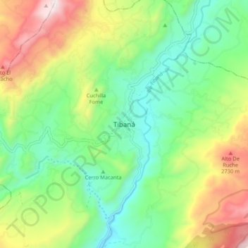 Mappa topografica Tibaná, altitudine, rilievo