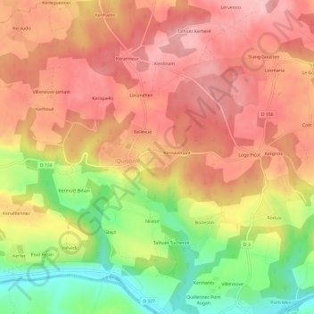 Mappa topografica Keryvon, altitudine, rilievo