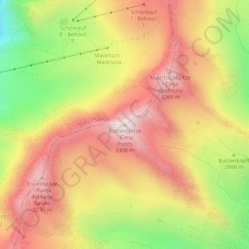 Mappa topografica Butzenspitze - Cima Pozzo, altitudine, rilievo
