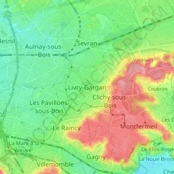 Mappa topografica Livry-Gargan, altitudine, rilievo
