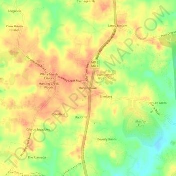 Mappa topografica Huntingtown, altitudine, rilievo