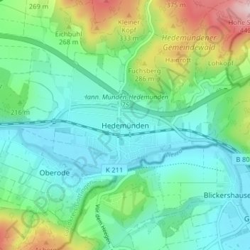 Mappa topografica Hedemünden, altitudine, rilievo
