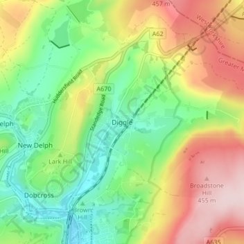 Mappa topografica Diggle, altitudine, rilievo