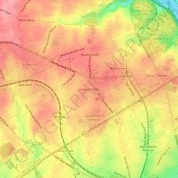 Mappa topografica Cynwyd Estates, altitudine, rilievo