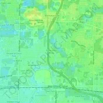Mappa topografica Green Grass Acres, altitudine, rilievo