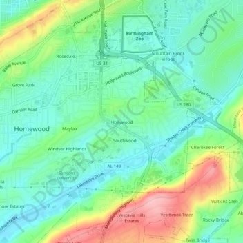 Mappa topografica Hollywood, altitudine, rilievo