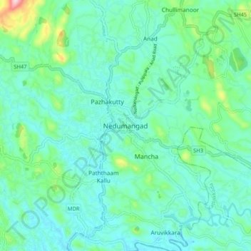 Mappa topografica Nedumangad, altitudine, rilievo