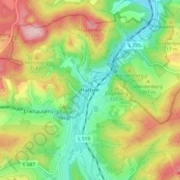 Mappa topografica Hachen, altitudine, rilievo