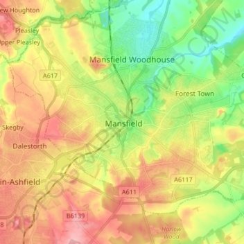Mappa topografica Mansfield, altitudine, rilievo