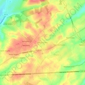 Mappa topografica Asbury Estates, altitudine, rilievo