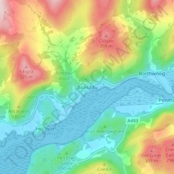 Mappa topografica Bontddu, altitudine, rilievo