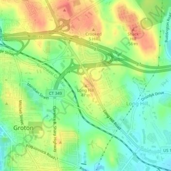 Mappa topografica Long Hill, altitudine, rilievo