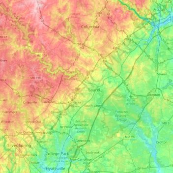 Mappa topografica Laurel, altitudine, rilievo
