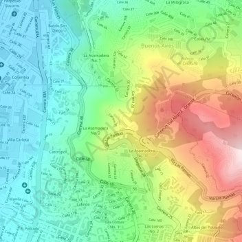 Mappa topografica mirador de loreto, altitudine, rilievo