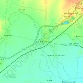 Mappa topografica Pullambadi, altitudine, rilievo