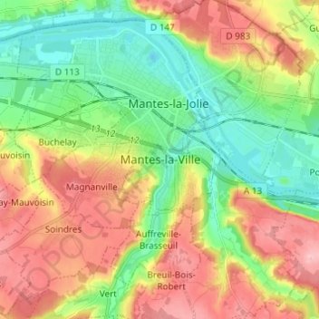 Mappa topografica Mantes-la-Ville, altitudine, rilievo