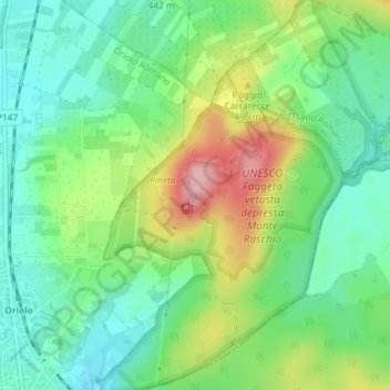 Mappa topografica Monte Raschio, altitudine, rilievo