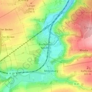 Mappa topografica Bischleben-Stedten, altitudine, rilievo