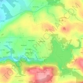 Mappa topografica Kerfeonwez, altitudine, rilievo