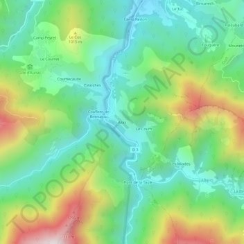 Mappa topografica Azas, altitudine, rilievo
