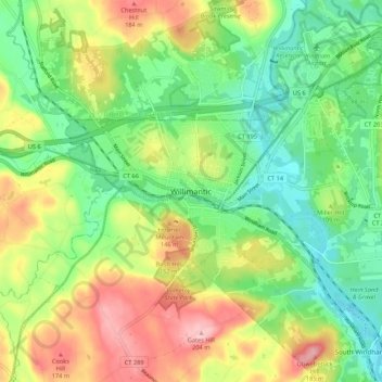 Mappa topografica Willimantic, altitudine, rilievo