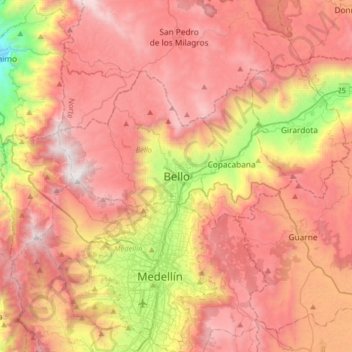 Mappa topografica Bello, altitudine, rilievo