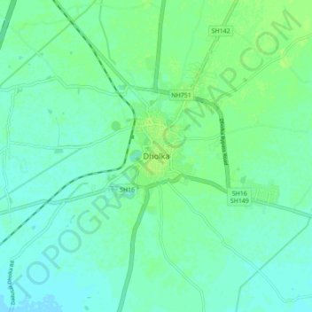 Mappa topografica Dholka, altitudine, rilievo