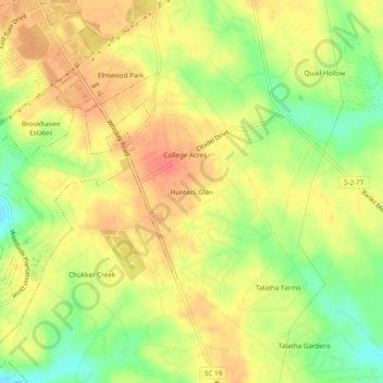 Mappa topografica Hunters Glen, altitudine, rilievo