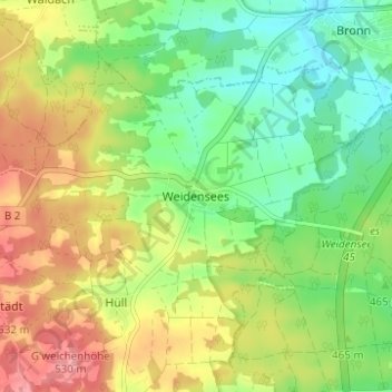 Mappa topografica Weidensees, altitudine, rilievo