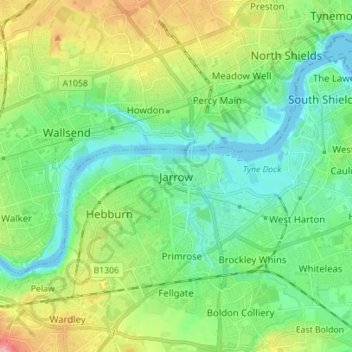 Mappa topografica Jarrow, altitudine, rilievo