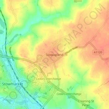 Mappa topografica Stowupland, altitudine, rilievo
