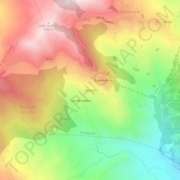 Mappa topografica Aruccia, altitudine, rilievo