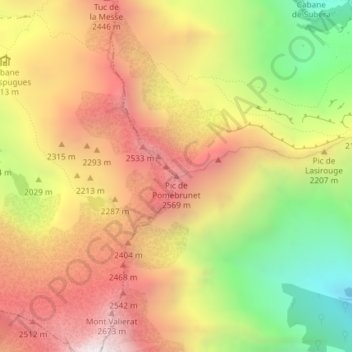 Mappa topografica Pic de Pomebrunet, altitudine, rilievo