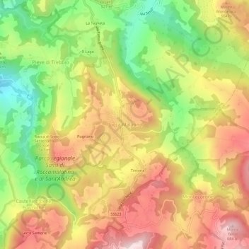 Mappa topografica Rocca Malatina, altitudine, rilievo