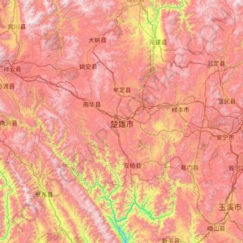 Mappa topografica 楚雄州, altitudine, rilievo