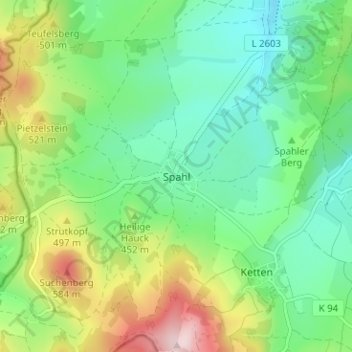 Mappa topografica Spahl, altitudine, rilievo