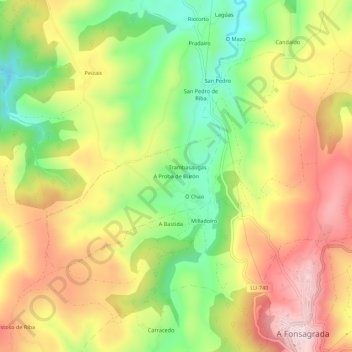Mappa topografica A Proba de Burón, altitudine, rilievo